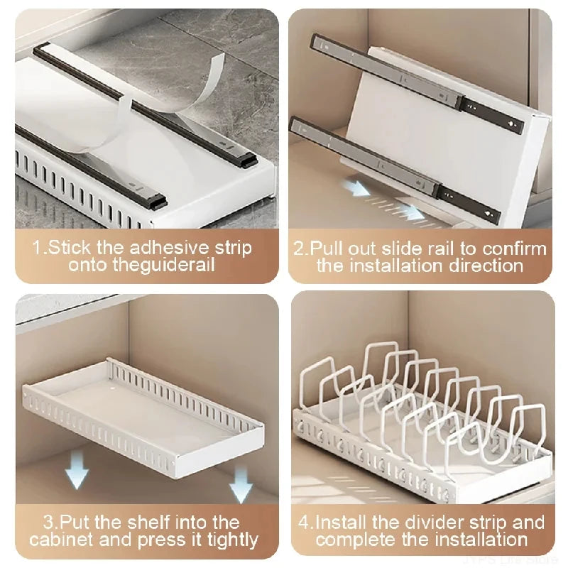 Under Cabinet Sliding Pots Pans Organiser Pull Out Kitchen Storage Tray With 8 Adjustable Dividers Cookware Lid Holder Rack
