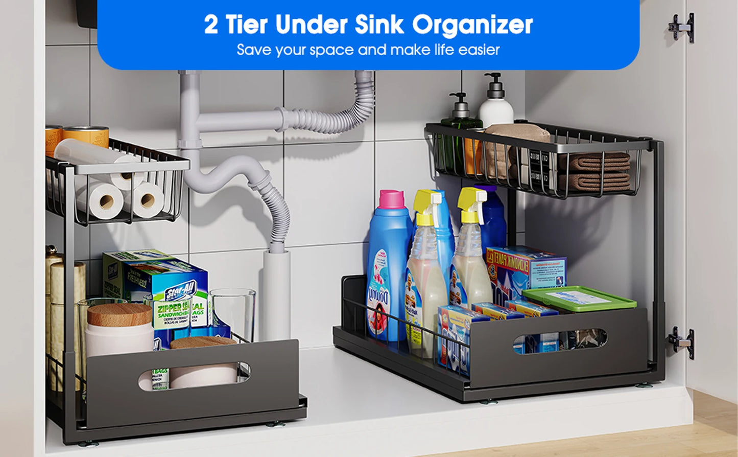 Under Sink 2 Tier Sliding Cabinet Basket Organiser Drawer Pull Out Cabinet Multi-Purpose  Sink Organiser for Bathroom Kitchen