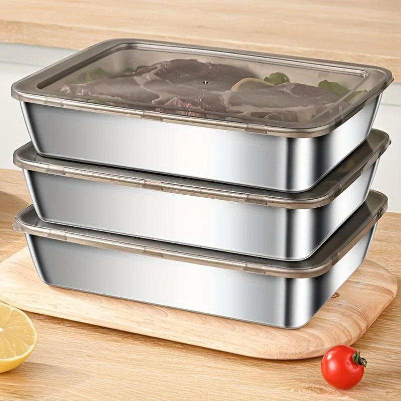 2pcs Stainless Steel Food Storage Container Rectangle Dish with Cover Noodles Fruit Tray Lunch Box Thick Refrigerator Plate