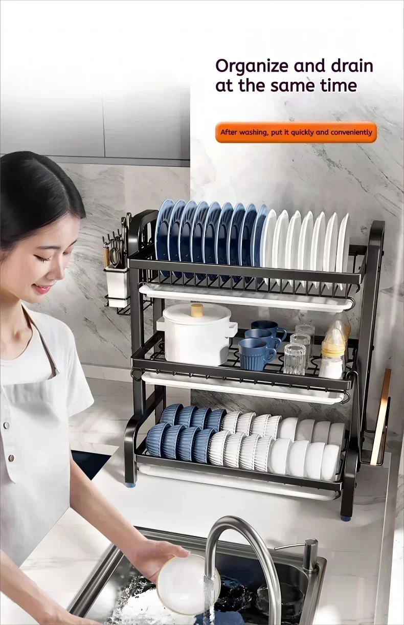 2 Tier Stainless Steel Dish Drainer with Utensil Holder Compact Rust Proof Kitchen Storage Organiser Drying Rack for Dishes