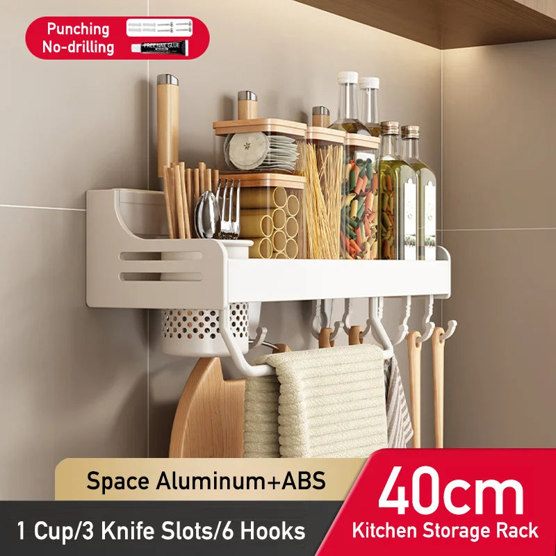 No Drill Kitchen Storage Rack Aluminum Wall Mount Spice Seasoning Spoon Knife Stand Holder Rag Dishcloth Rack Organizer Shelf