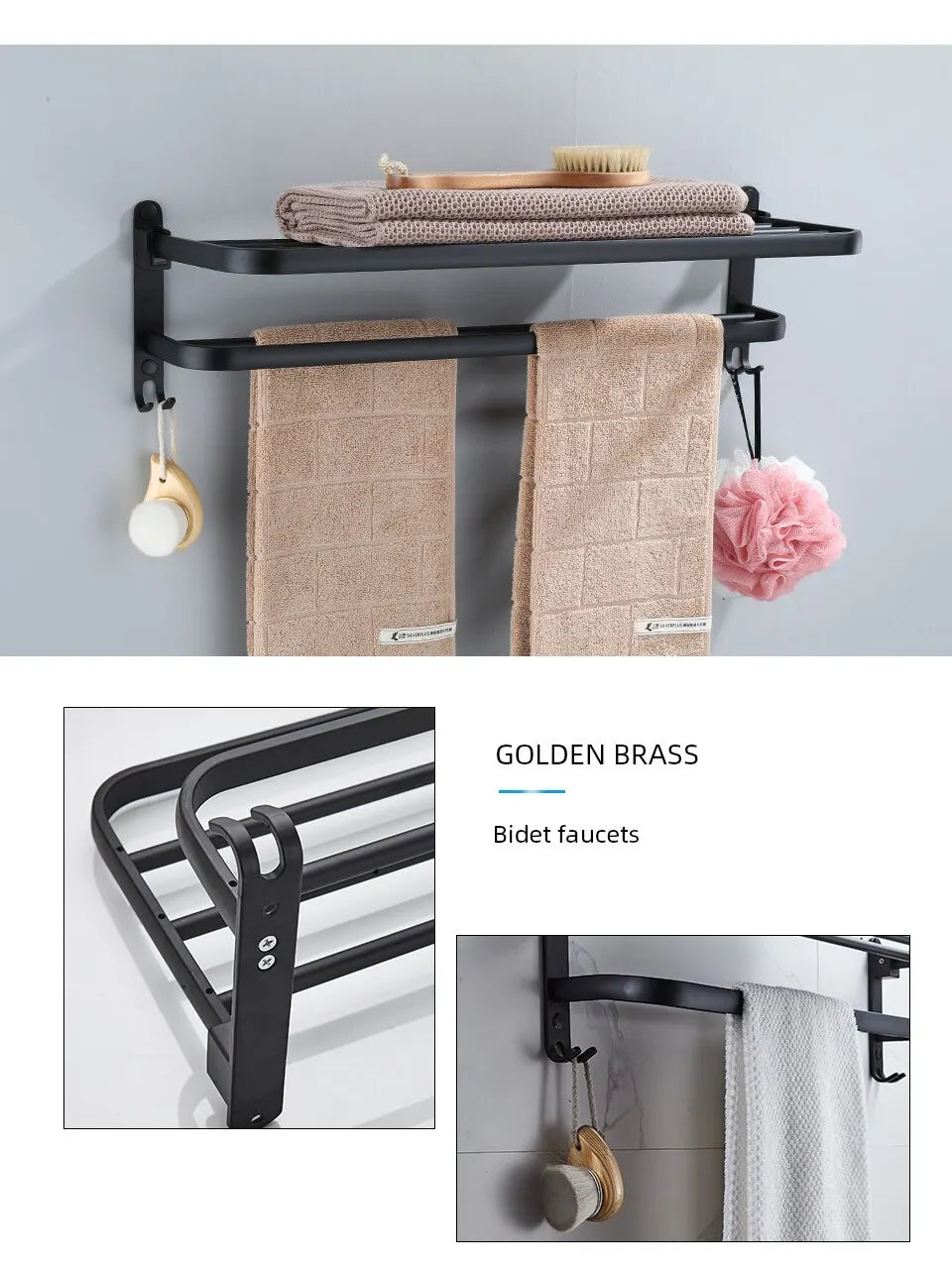 Matte Black 50CM Folding Holder With Hook Towel Holder Wall Mount Aluminum Towel Rack