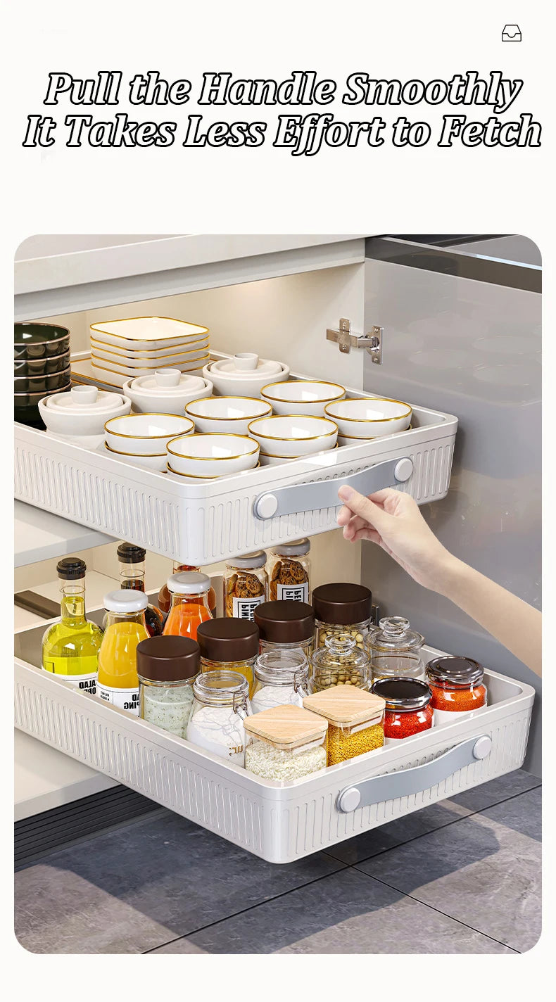 Kitchen Sliding Drawer with Slide Rail Cabinet Clothes Spice Dish Bowl Storage Rack Pull Out Cabinet Organiser Tray With Handle