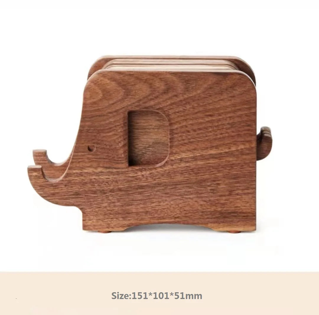 HeMu Cute Elephant Wooden Coaster Set Wood Heat-Resistant Drink Coasters with Holder, Decorative Table Pads for Kitchen, Dining