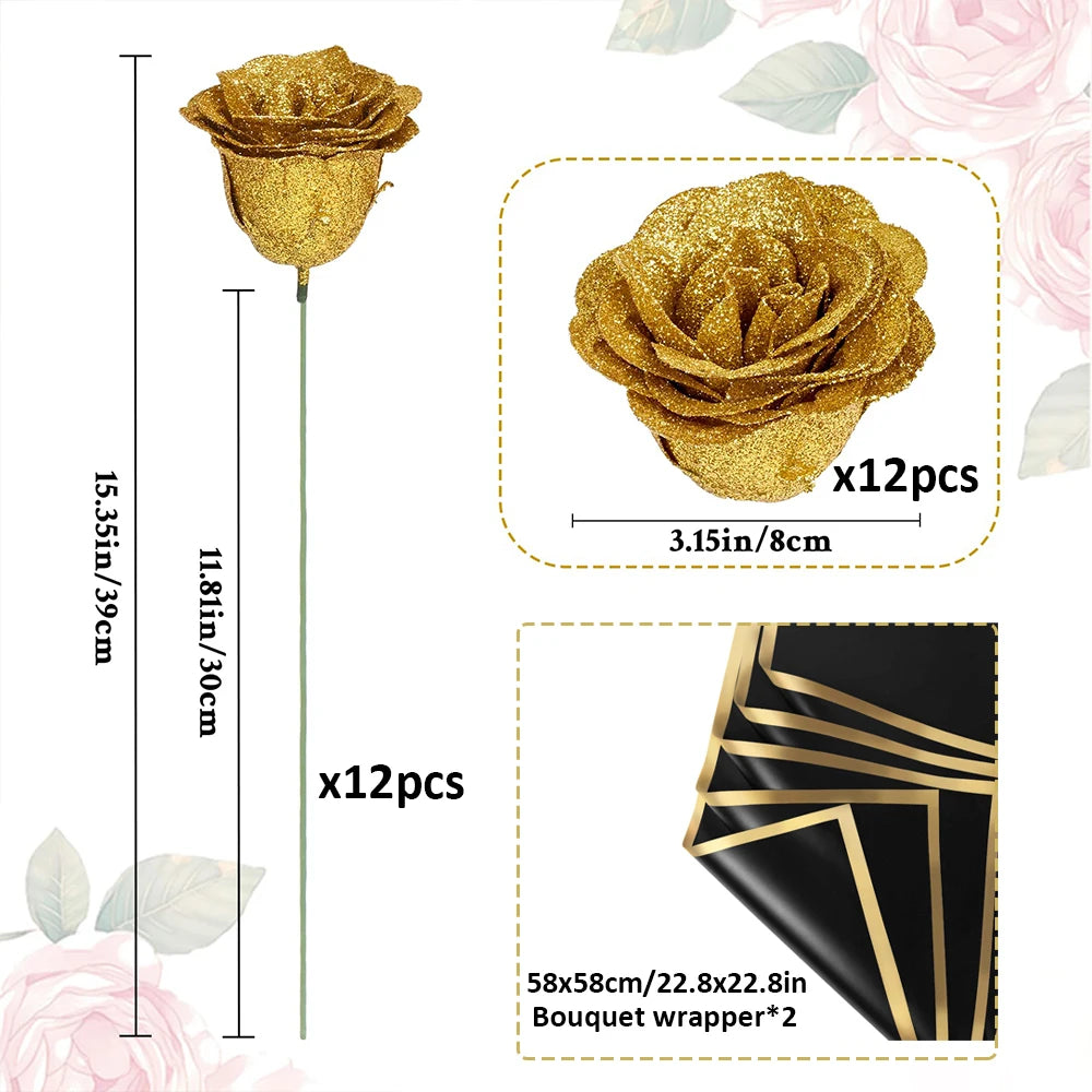 12PCS Glitter Roses Artificial Flowers DIY Bouquet Everlasting Fake Flower for Wedding Anniversary Valentines Day Mothers Gifts
