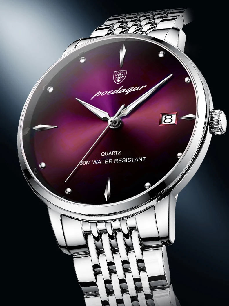 POEDAGAR Business quartz men's watch stainless steel waterproof night light date men's watch luxury casual simple men's watch