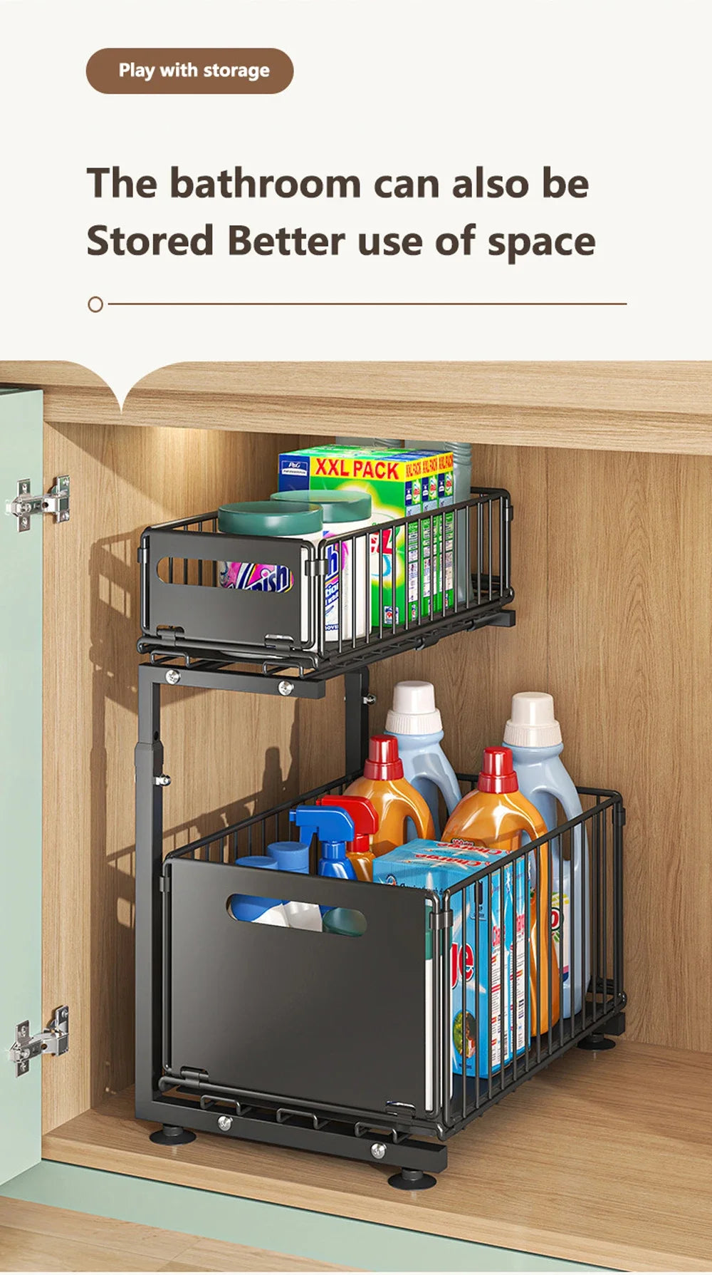 2 Tier Pull Out Cabinet Organiser Adjustable Under Sink Storage Rack Slide Out Drawer Kitchen Spice Jar Storage Shelf