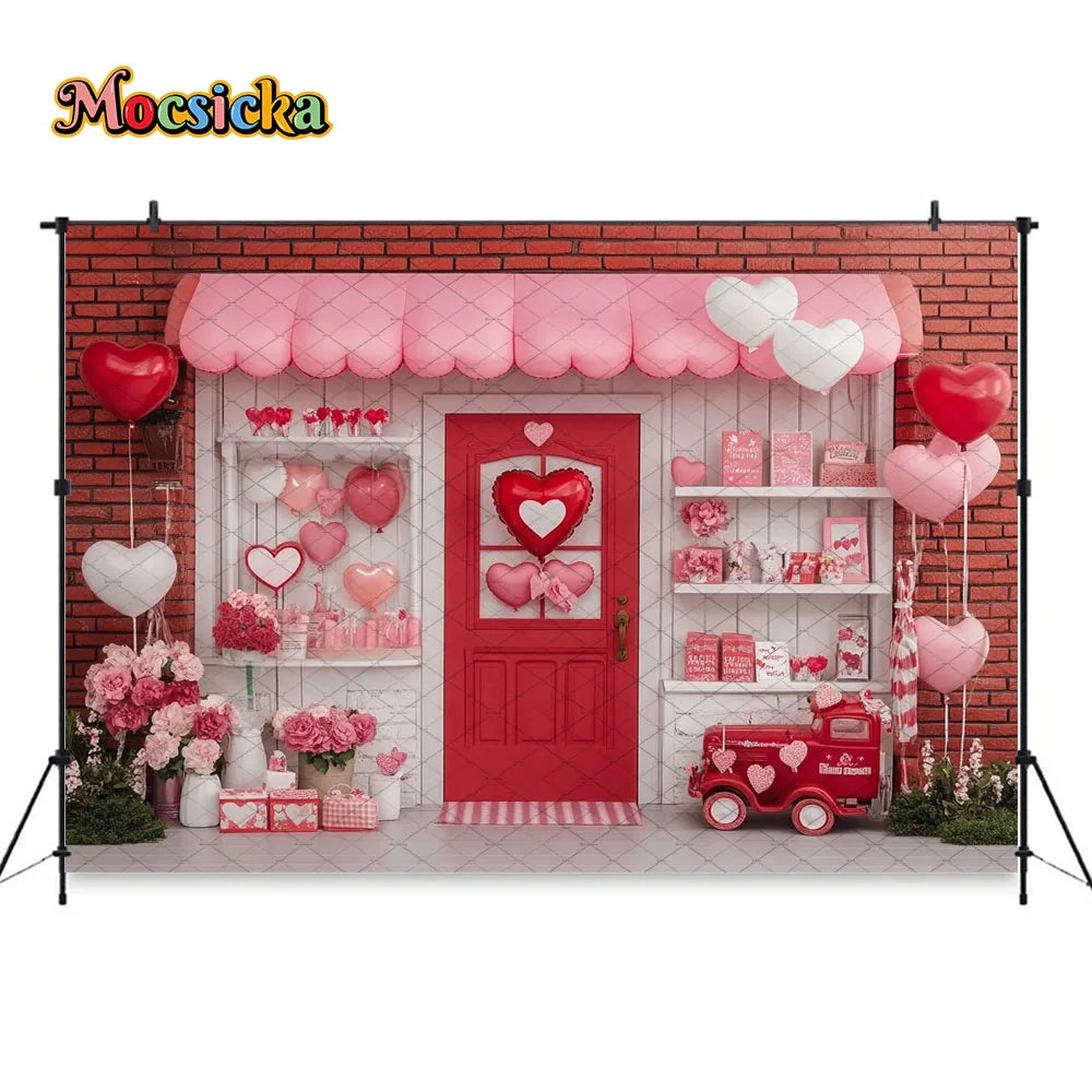 Mocsicka Valentine's Day Shop Backdrop Photography Pink Storefront Heart Balloon Red Rose Background Kids Birthday Photo Studio