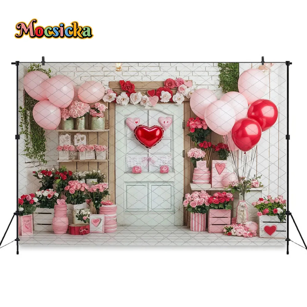 Mocsicka Valentine's Day Shop Backdrop Photography Pink Storefront Heart Balloon Red Rose Background Kids Birthday Photo Studio