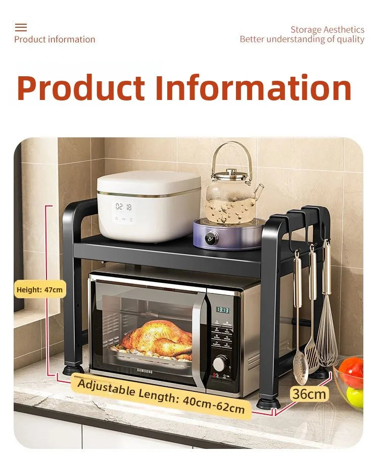 Kitchen Microwave Oven Rack Double Layer Expandable Multi Functional Home Appliance Storage Shelf Carbon Steel No Installatio...