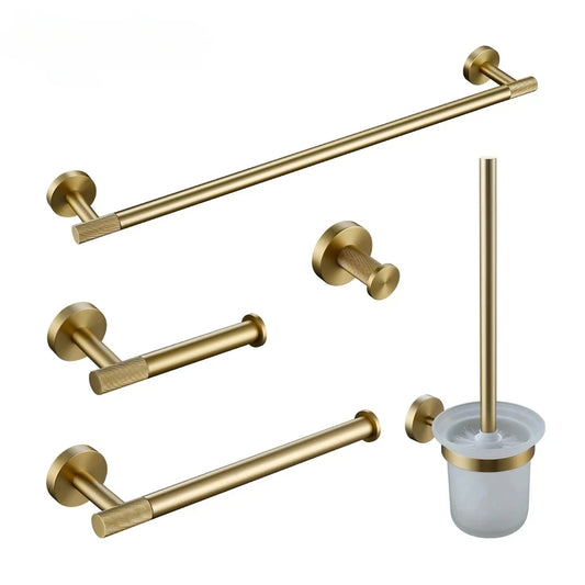 Bathroom Hardware Accessories  Brushed Gold Knurled Brass Kit Towel Bar Ring Robe Hook Paper Holder Towel Ring Toilet Brush