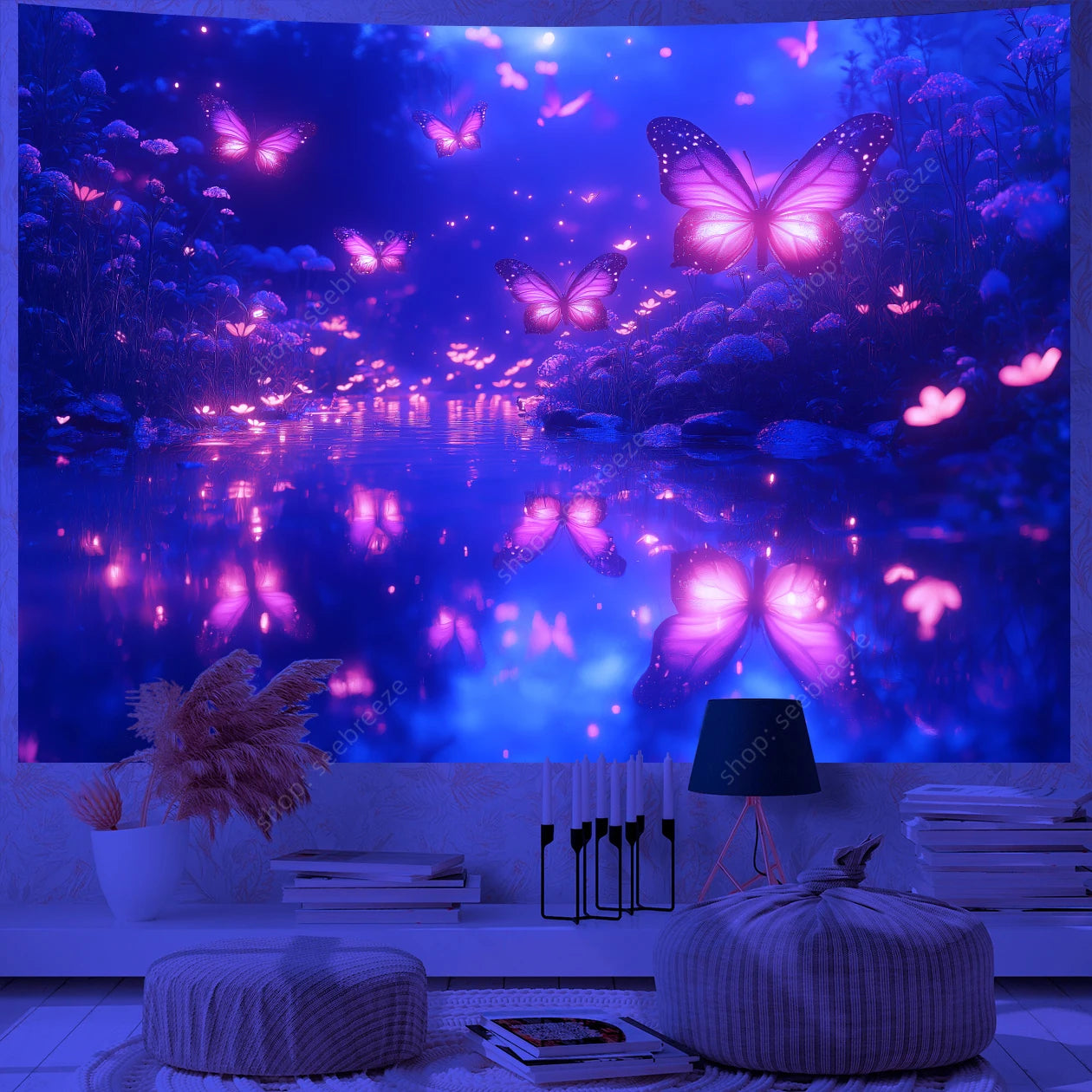 Butterfly Flower UV Reactive Tapestry Wall Hanging Hippie Boho Room Decor