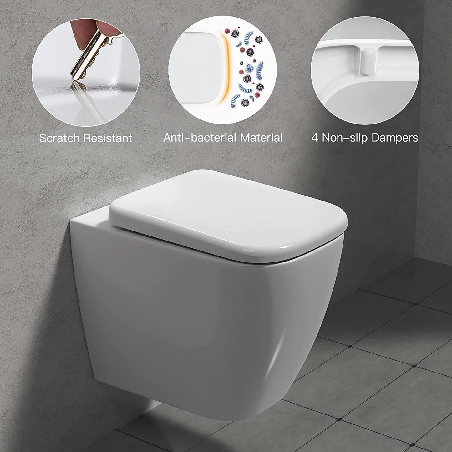Square Toilet Seat Quick-Release Soft-Close Easy Clean - Durable Anti-Bacterial Compact WC Cover, Scratch-Resistant Bathroom