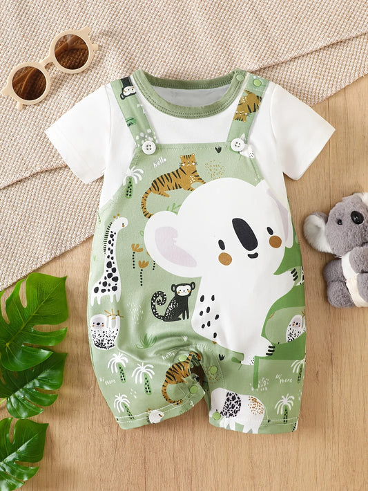 IURNXB Infant Koala Animal Print Romper for Boy Girl Newborn Baby Faux Two-Piece Bodysuit Short Sleeves Casual Play Wear 1-18M