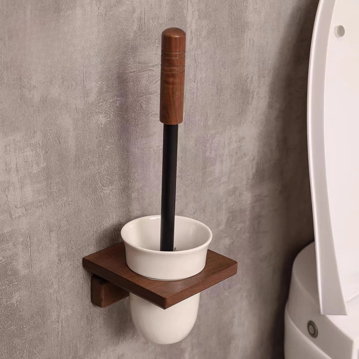 Bathroom Wood Toilet Brushes Ceramic Base Toilet Brush Holders Wall-mounted Brushes No-punch Wall-mounted Cleaning Brush Set
