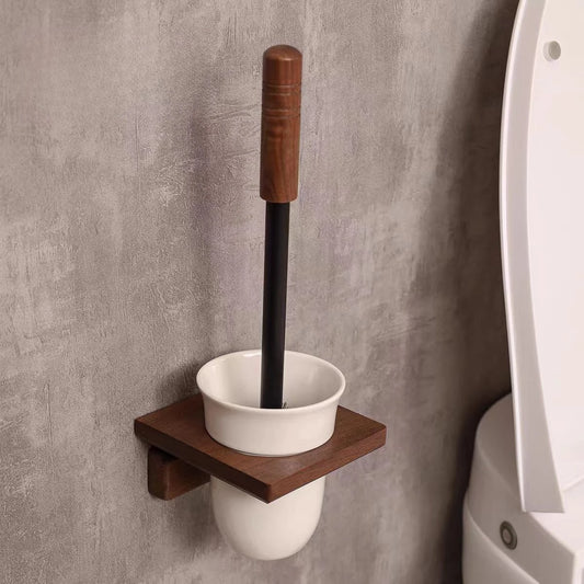 Bathroom Wood Toilet Brushes Ceramic Base Toilet Brush Holders Wall-mounted Brushes No-punch Wall-mounted Cleaning Brush Set