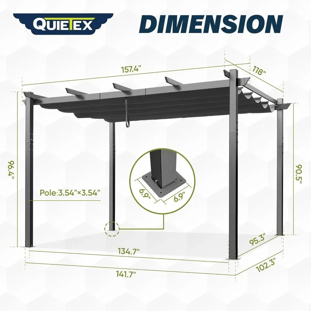 10' X 13' Outdoor Retractable Pergola with Sun Shade Canopy Patio Modern Shelter for Garden Yard Deck Grape Trellis, Grey