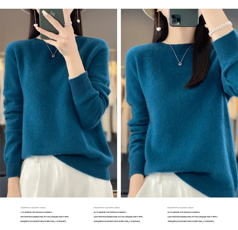 100% Merino Wool Women’s Sweater – Soft Cashmere-Feel O-Neck Pullover, Autumn/Winter Warm Knit Top (14 Colours)