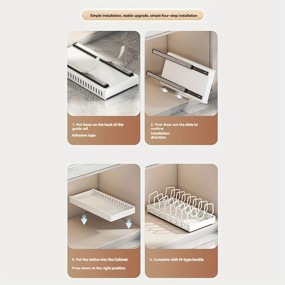 Cookware and Frying Pan Storage Rack with Pull-Out Lid Storage Box, Suitable for Placement under the Cabinet, Featuring a Pot Lid Rack with 8 Adjustable Dividers