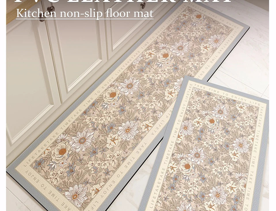 Carpet for Kitchen Floor Mat Pvc Leather Waterproof Non-slip Long Rug Oil-proof Foot Mats Pink Flower Home Decoration Rugs