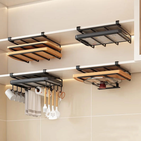 Kitchen Under Cabinet Hanging Organiser Rack with Hooks Multi-Purpose Holder for Paper Towel Cutting Board & Pot Lids
