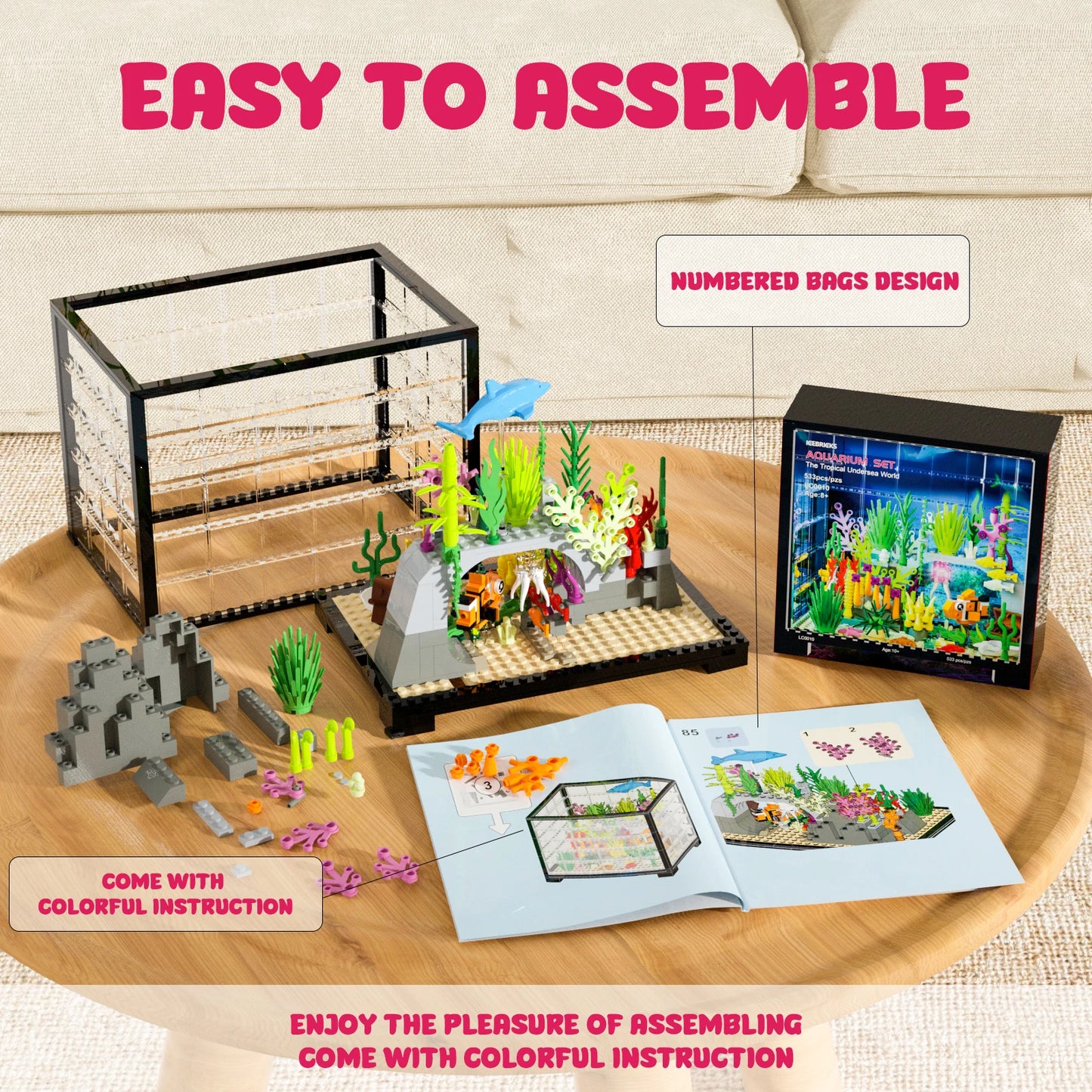 Fish Tank Building Block, Lighting Aquarium Building Sets with Treasure Chest, 533 Pcs, Animal Building Toys for Boys Girls 8-12