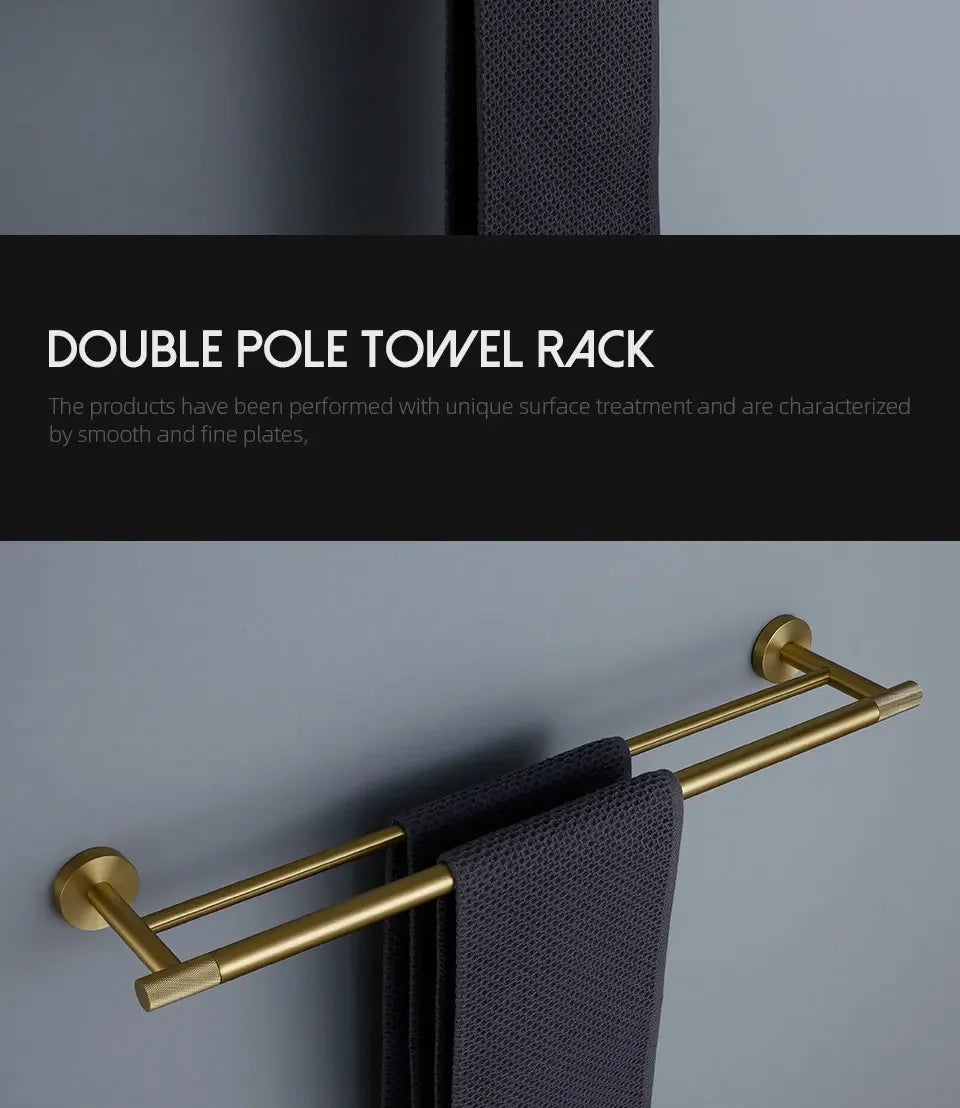 Bathroom Hardware Accessories  Brushed Gold Knurled Brass Kit Towel Bar Ring Robe Hook Paper Holder Towel Ring Toilet Brush