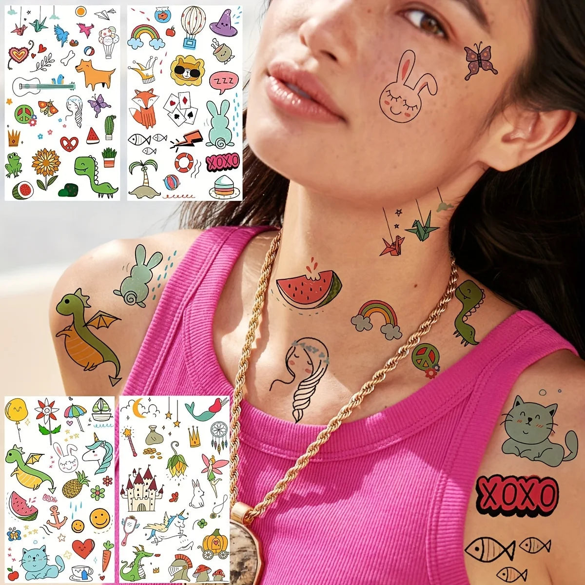 60 Sheets 1000+ Patterns Cute Cartoon Temporary Tattoos Animals Zoo Mermaid Dinosaur Unicorn Cat Dog Pets