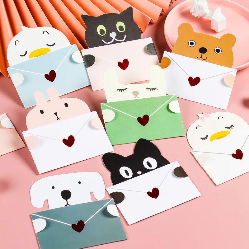 9Pcs Cartoon Animal Gift Card with Envelope Folded Greeting Card Holiday Wishes Postcards for Birthday Baby Shower Party Decor