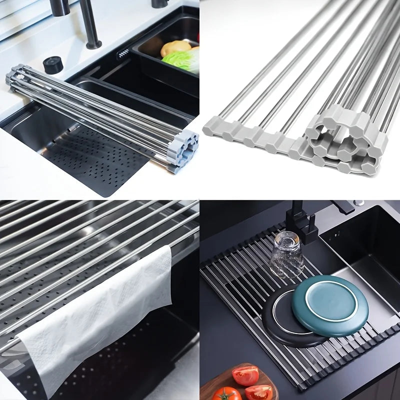 1pc Foldable Dish Drainer, Roll Up Dish Drying Rack ,Kitchen Sink Holder Organiser,Tableware Plate Storage Shelf