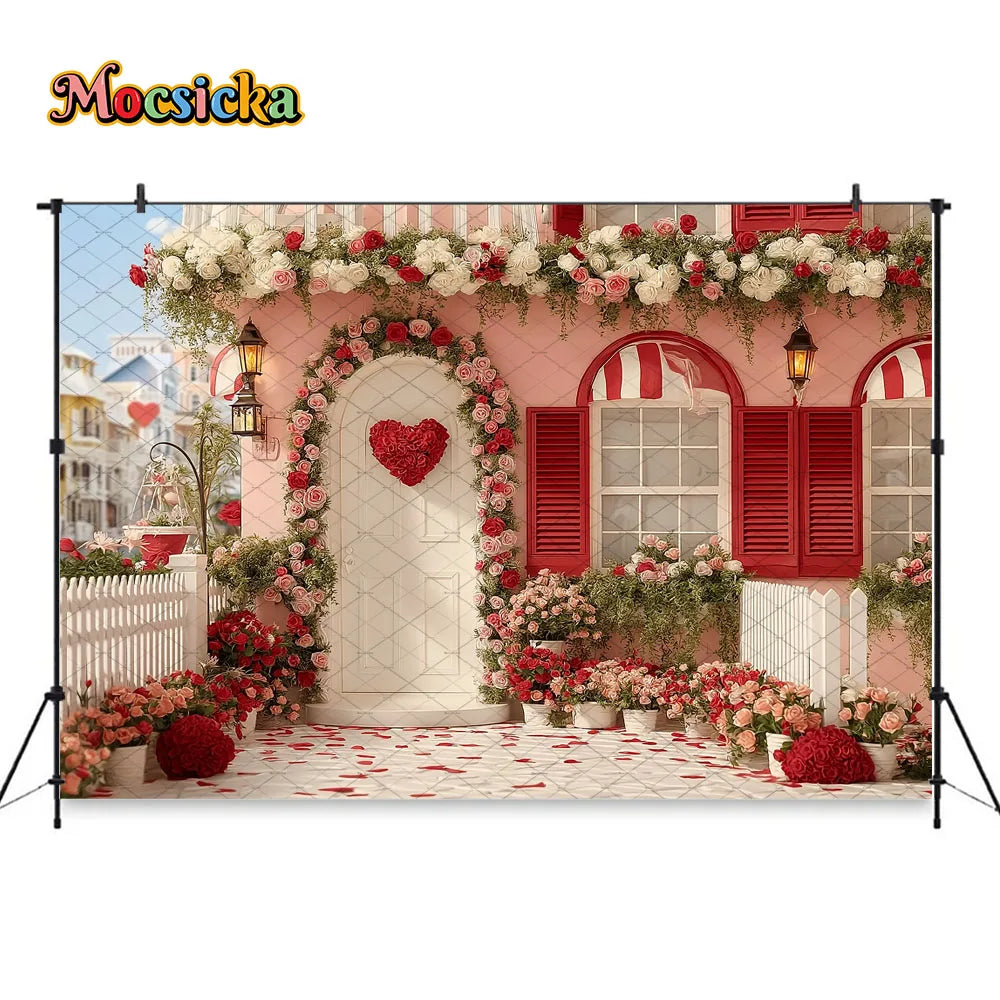 Mocsicka Valentines Day Flower Shop Backdrop Photography Red White Striped Floral Garden Background Kid Photo Shoot Studio Decor