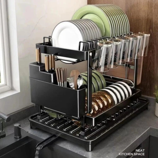 Sturdy 2-Tier Dish Drainer with Cutlery Holder & Drip Tray - Sleek Kitchen Sink Organiser