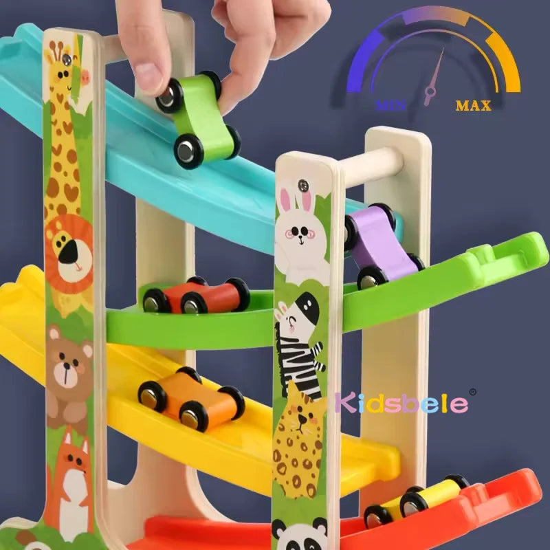 Kids Four-layer Wooden Gliders  Montessori Inertia Track Car Toys Animal And Traffic Theme Early Educational Toys Birthday Gifts