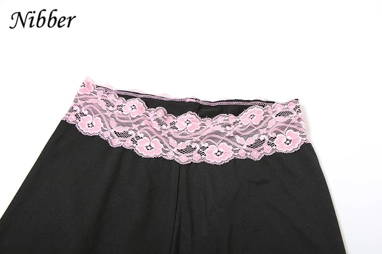 Nibber Lace Patchwork Woman 2 Piece Set Hooded Zip Crop Jacket+Patchwork Flare Pants Matching Streetwear Casual Matching Outfits
