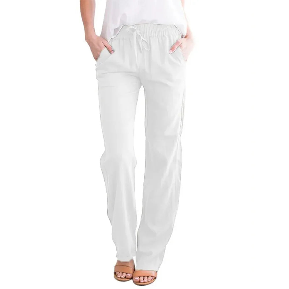 Women Cotton Linen Pants Summer and Autumn Solid High Waist Wide-Leg Trousers Female Loose Hemp Casual Breathable Sports Pants