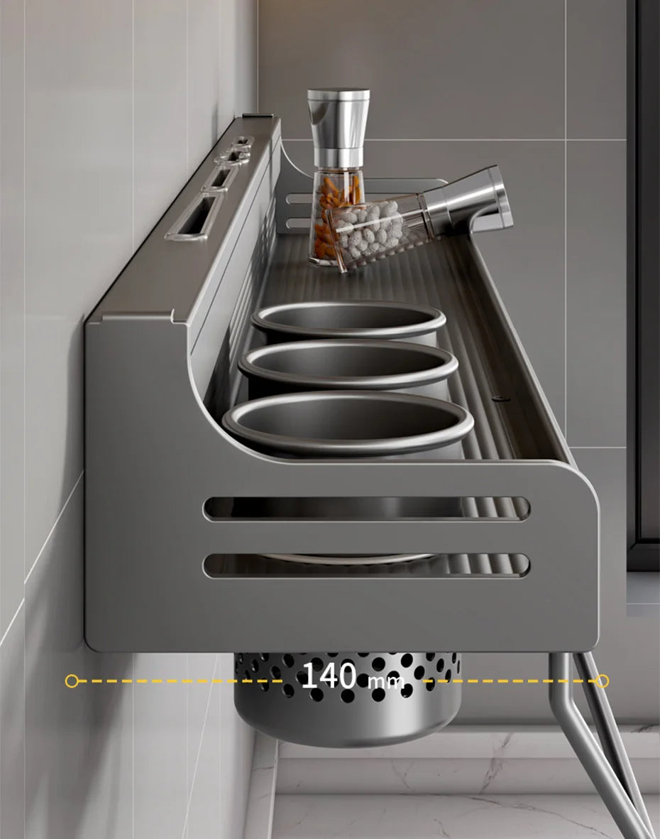 No Drill Kitchen Storage Rack Aluminum Wall Mount Spice Seasoning Spoon Knife Stand Holder Rag Dishcloth Rack Organizer Shelf