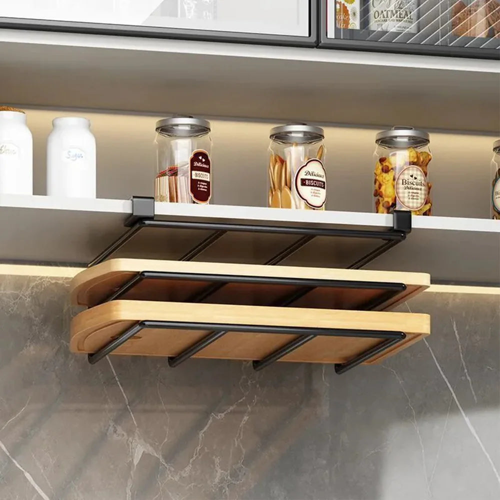 Kitchen Under Cabinet Hanging Organiser Rack with Hooks Multi-Purpose Holder for Paper Towel Cutting Board & Pot Lids