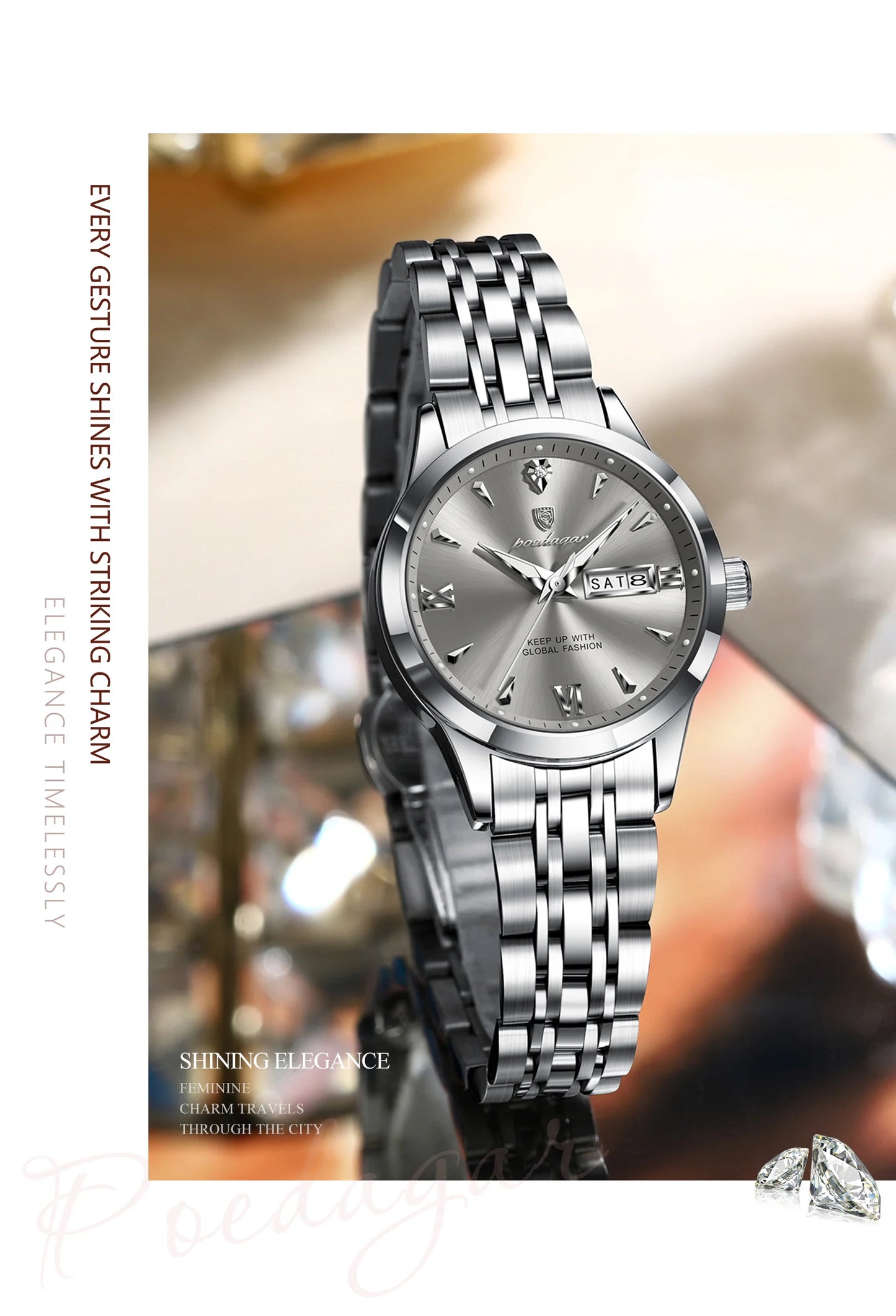 POEDAGAR Original Watch For Woman Waterproof Luminous Date Week Ladies Watch Stainless Steel Quartz Women's Watches Female Reloj