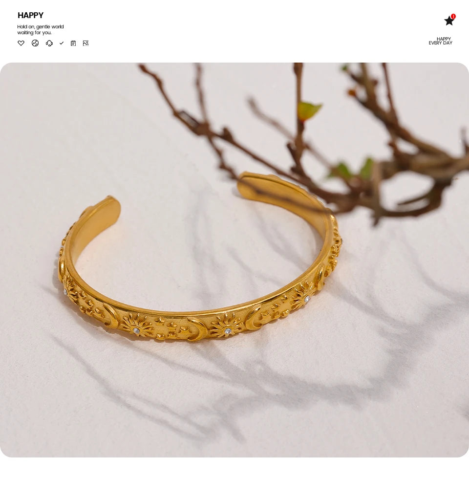 Yhpup Golden Stainless Steel Moon Star Sun Bangle Bracelet  Stylish Metal Open Wrist браслеты на руку женкие Party Gift