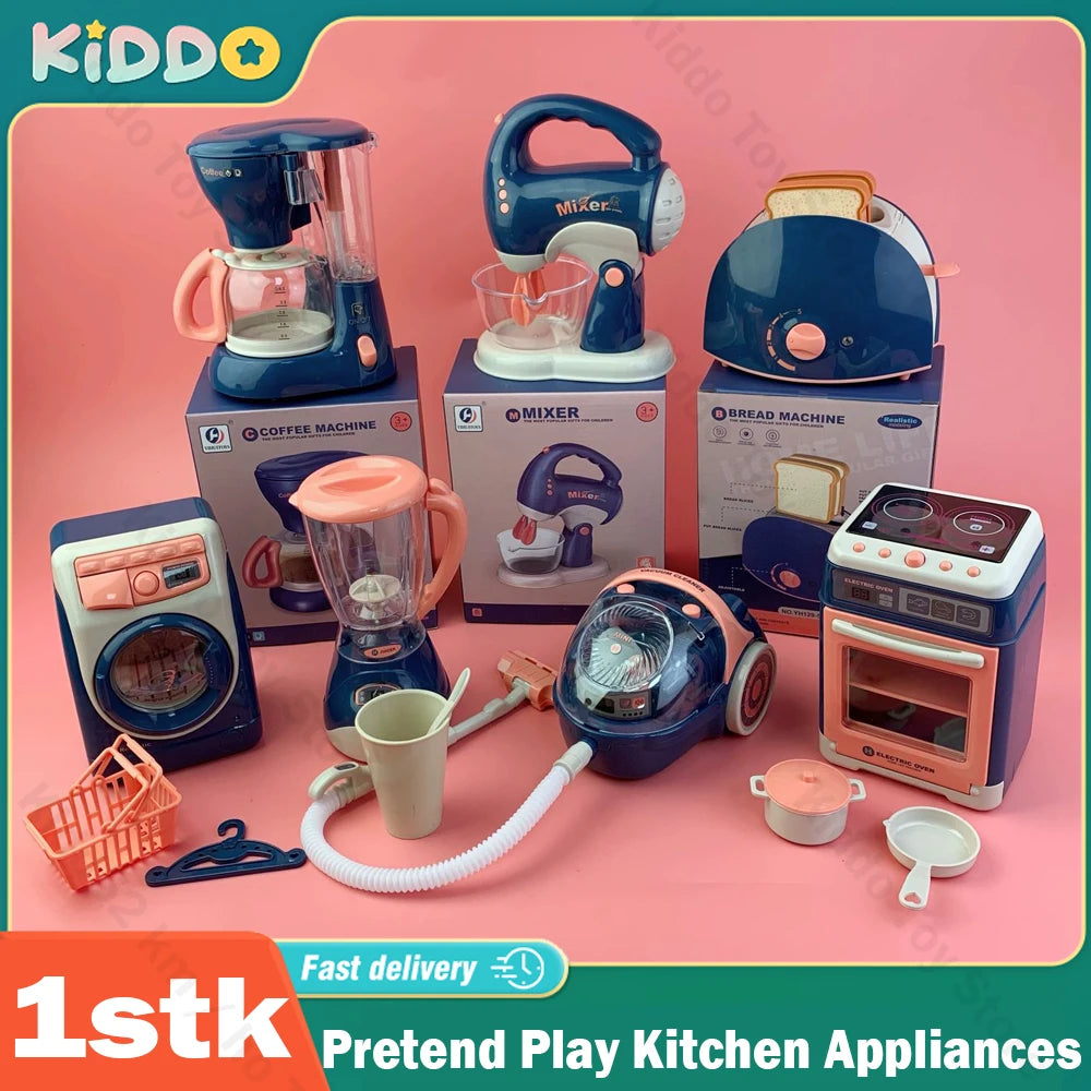 Kids Pretend Play Kitchen Home Appliances Set Toy Household Coffee Maker Mixer Toaster Vacuum Cleaner Playset for Children Gifts