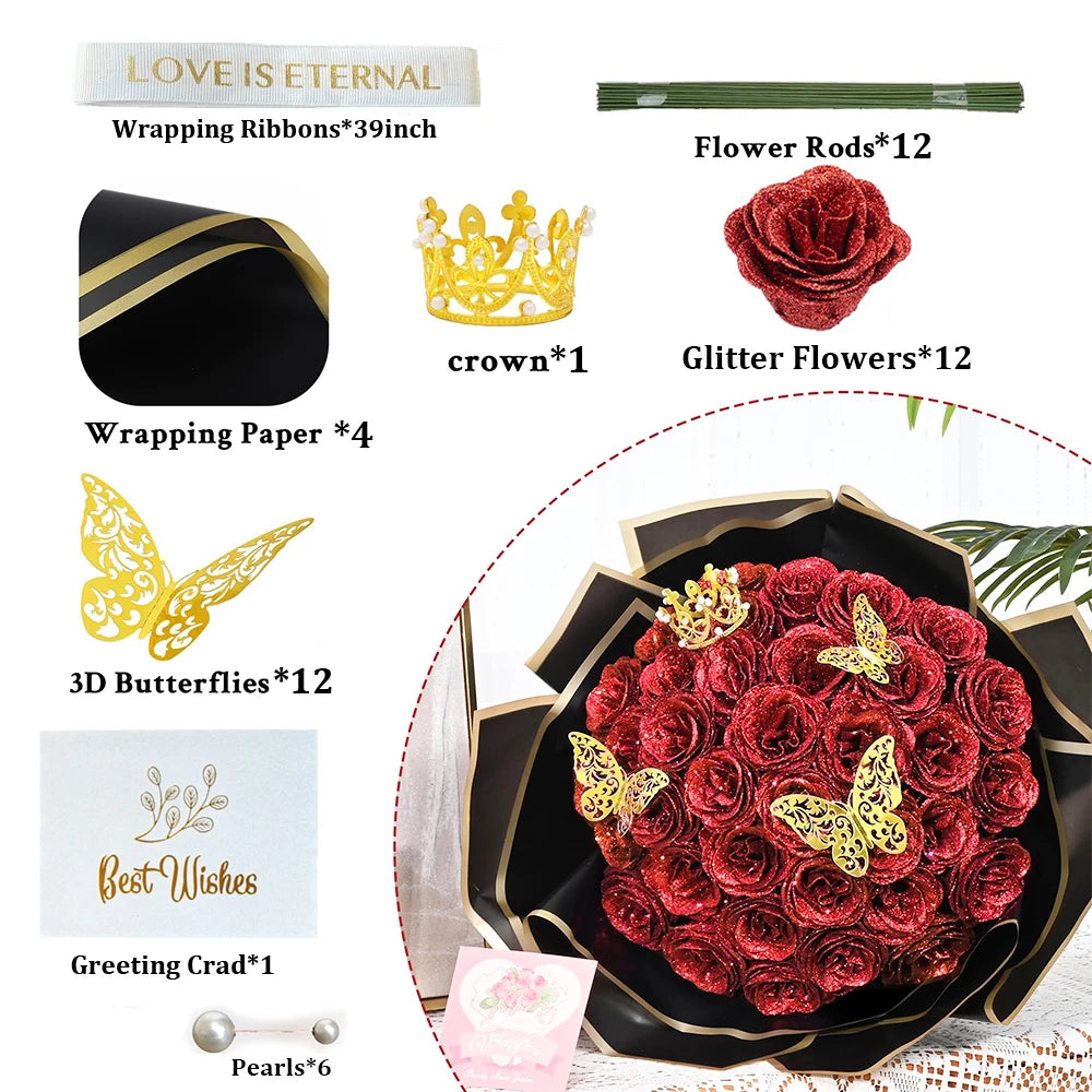 12/24pcs Red Glitter Roses Bouquet DIY Gift Set Everlasting Shiny Artificial Rose for Valentines Anniversary Engagement Wedding