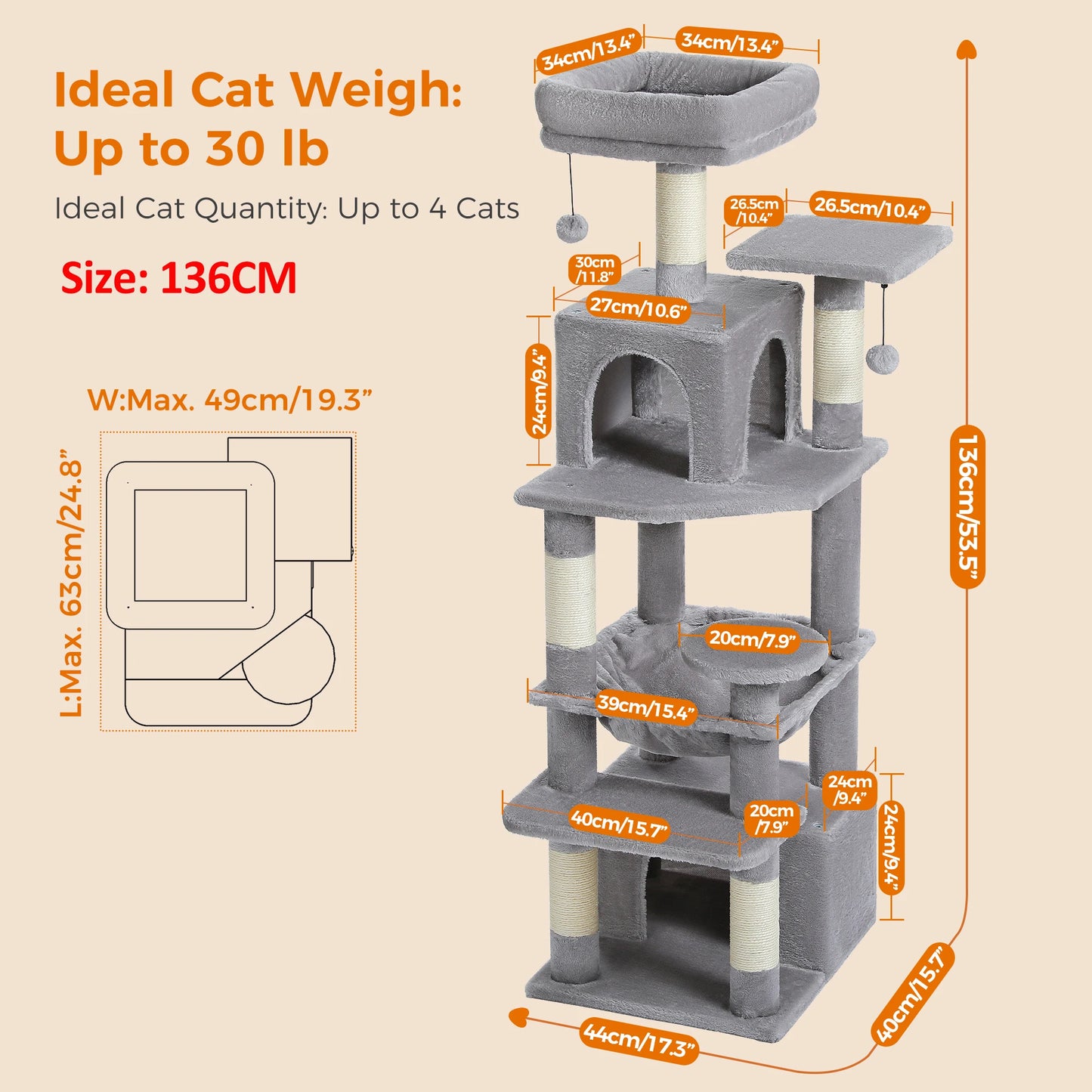 184cm Large Cat Tree and Tower for Indoor Cats With Sisal-Covered Scratching Posts Spacious Hammock Padded Perches and Condos