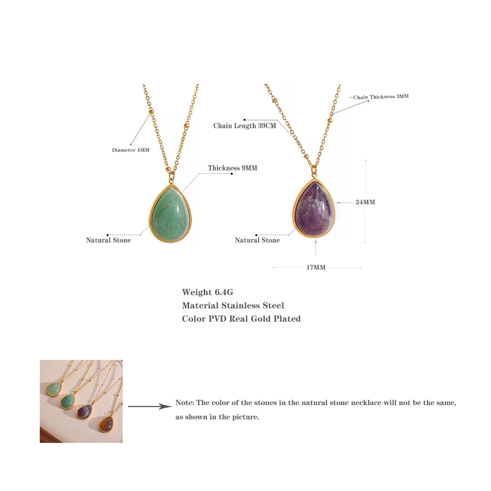 Yhpup Water Drop Amethyst Green Aventurine Natural Stone Necklace Stainless Steel Fashion Charm Pendant Jewelry Tarnish Free