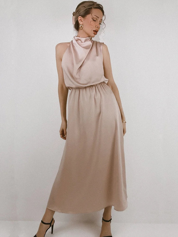 Summer High-End Silk Satin Sleeveless Long Dress Women Fashion Elegant Celebrity Dresses Evening Dress Party Clothes Ladies