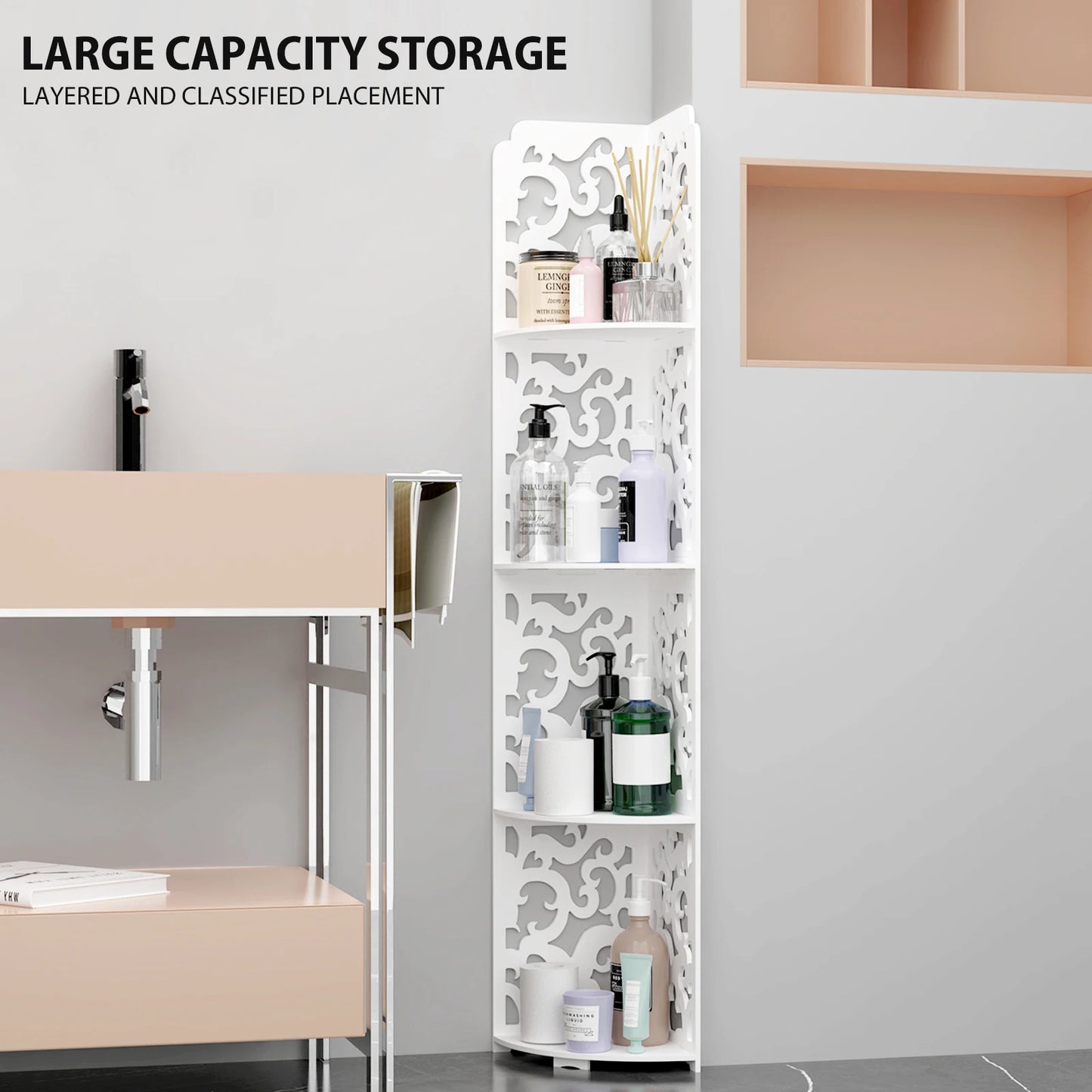 4 Tier Bathroom Corner Cabinet Storage Unit White, Floor Standing Shower Caddy Corner Shelf, PVC Waterproof Storage Organiser