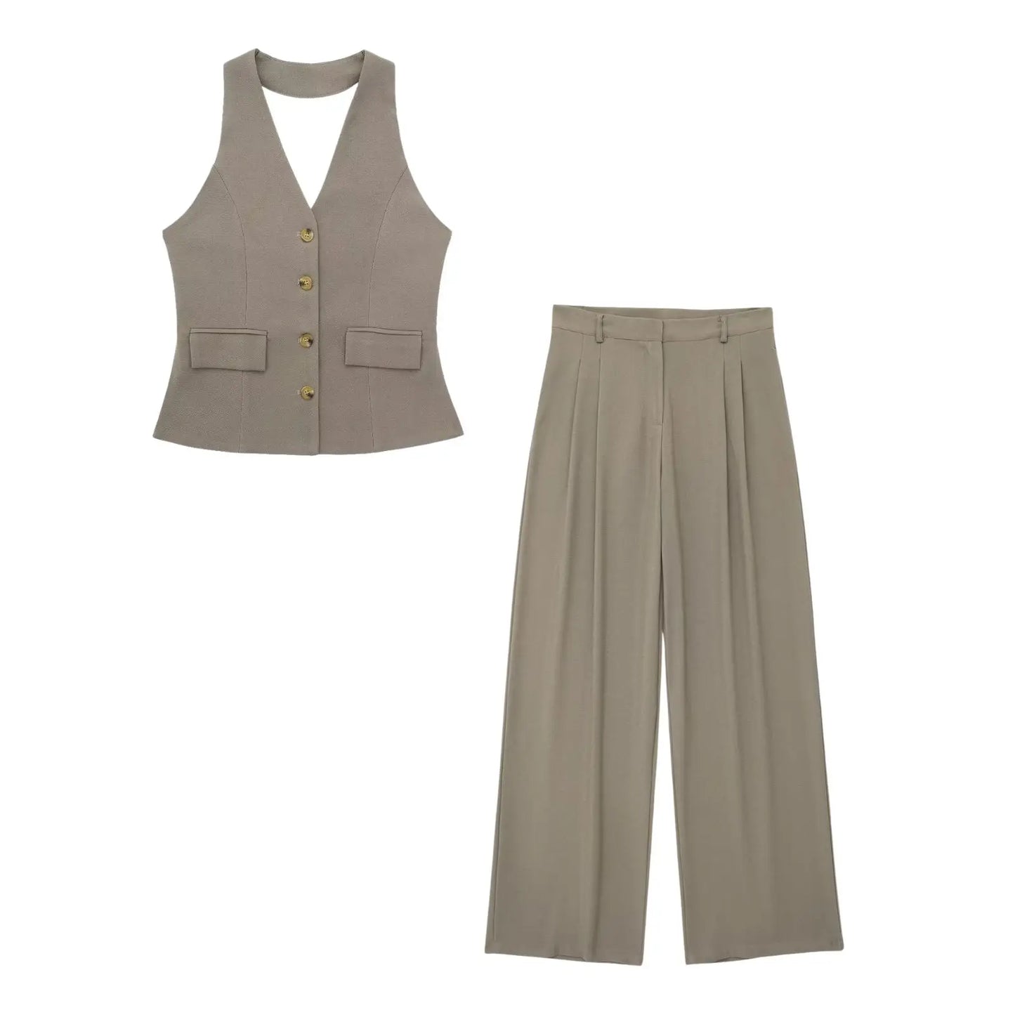 Women's Linen Look Halterneck Vest And Wide Leg Trouser