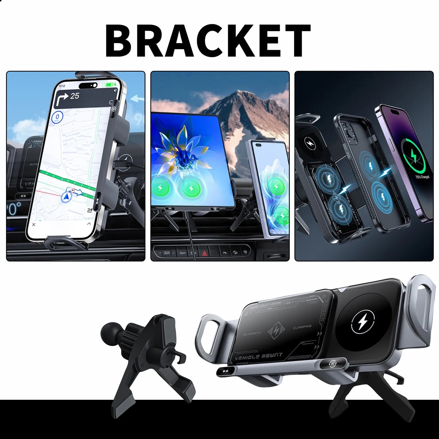 High Intelligent Mobile Phone/Pad Holder 2 in 1 Auto Rotating Phone Holder Car Charger Fast Charging Cell Phone Holder