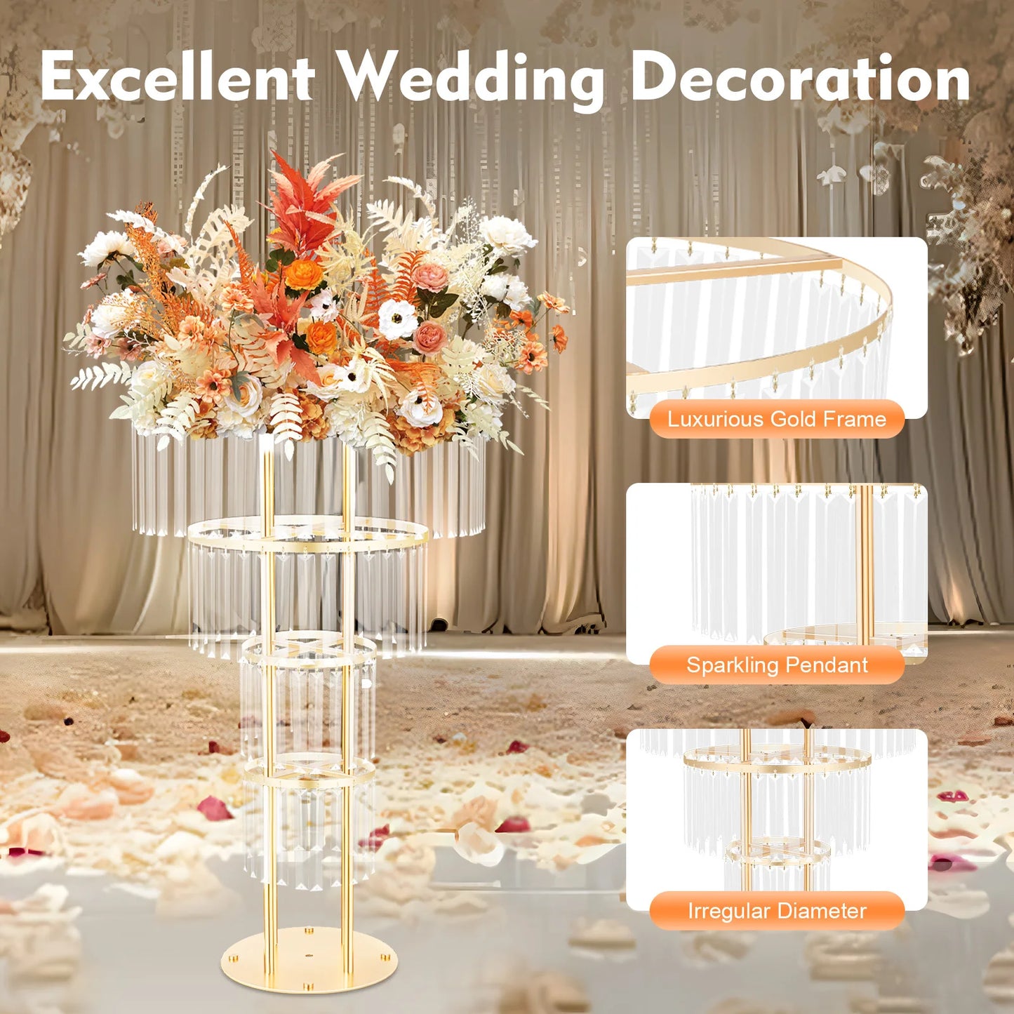 Wedding Gold Crystal Flower Stand, Round Pedestal Stand, Crystal Flower Stand