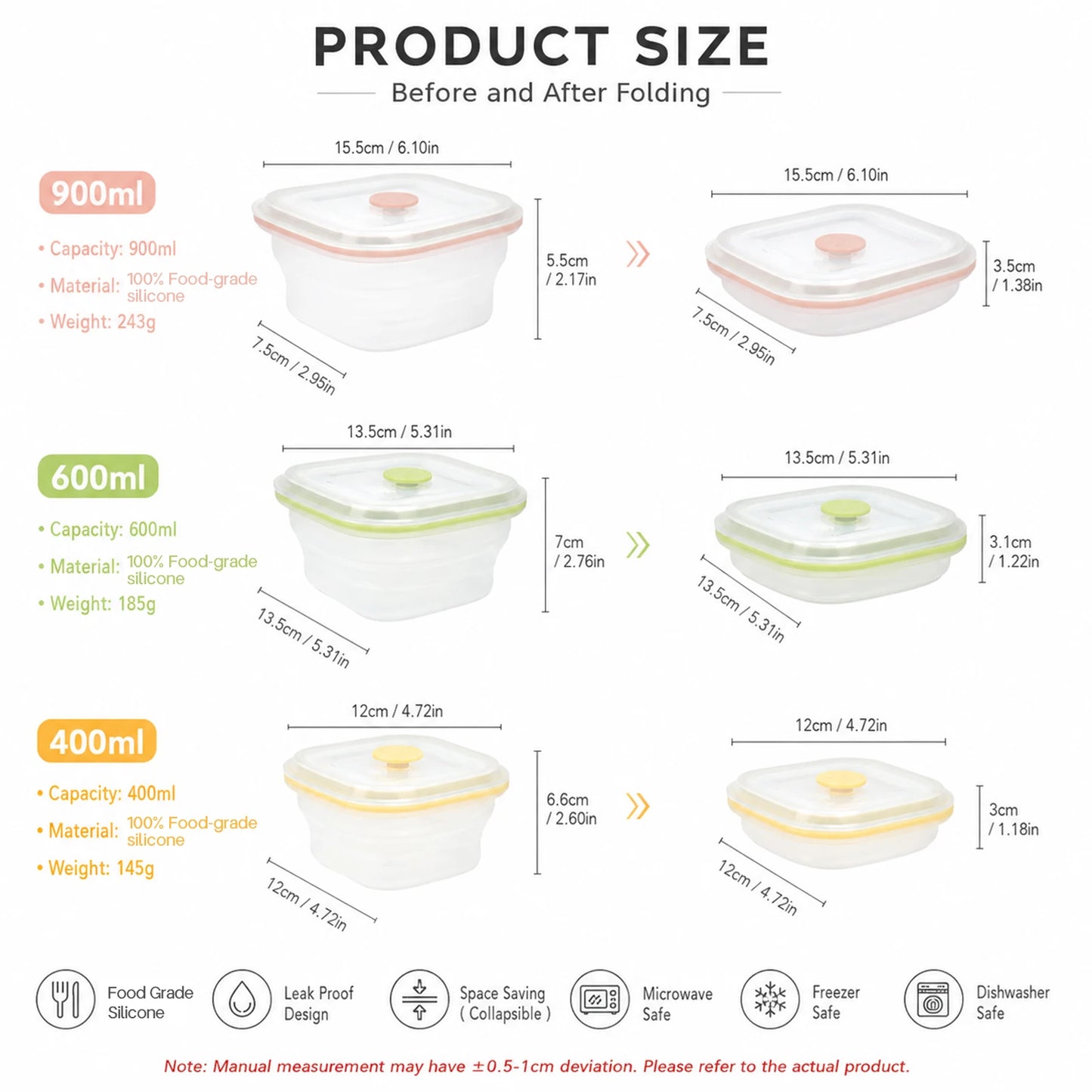 Silicone Snack Containers for Kids Food Containers with Lids, Fruit Container for Lunch, Foldable Lunch Container for Kids