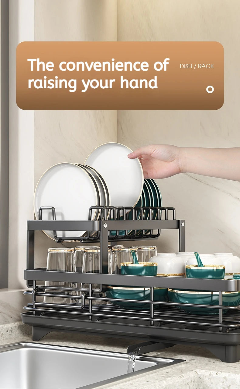 Dish Drying Rack Adjustable Kitchen Plates Organiser with Drainboard Over Sink Plate Drainer Storage Organizer